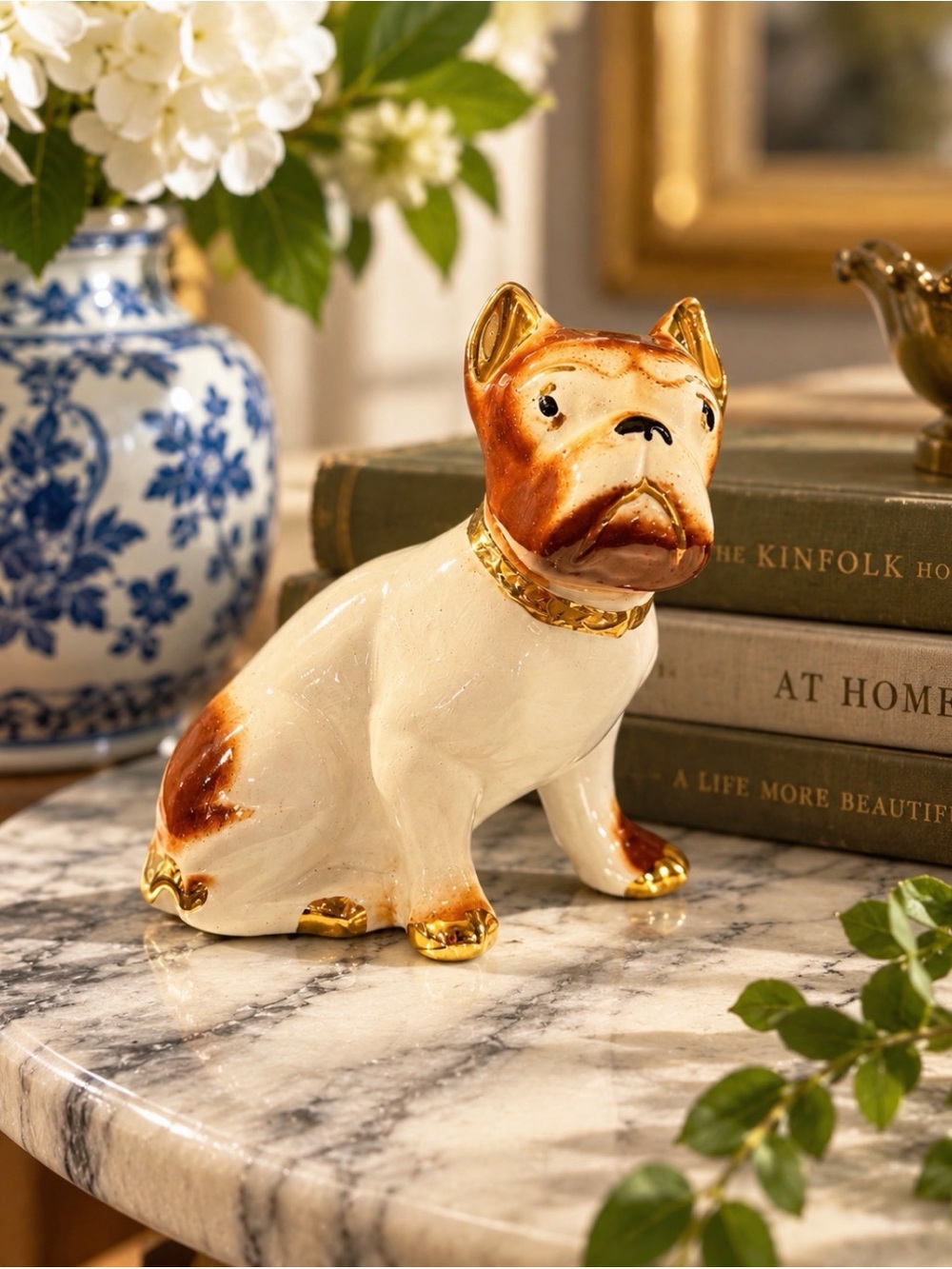 Vintage French Bulldog Figurine in Cream and Brown with Gold Accents Porcelain